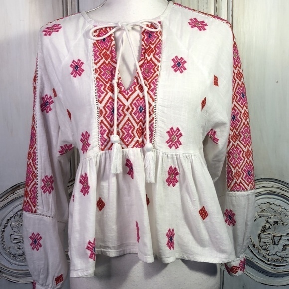 TOPSHOP PETITE 100% Cotton Embroidered Ethnic Long Sleeve Popover Top Size 0 - Picture 4 of 11